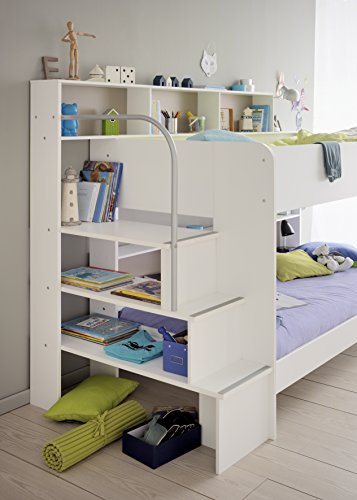 90x200 Kinder Etagenbett Weiß/grau mit Bettkasten Treppe und Geländer - 4
