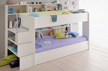 90x200 Kinder Etagenbett Weiß/grau mit Bettkasten Treppe und Geländer - 6