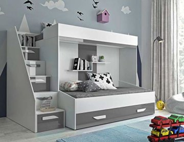 Furnistad | Etagenbett für Kinder Alfa | Doppelstockbett mit Treppe und Bettkasten (Weiß + Grau, 90 x 200 cm + 90 x 195 cm) - 1