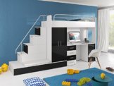 Furnistad | Hochbett für Kinder Sun | Kinderhochbett mit Treppe, Schreibtisch, Schrank und Gästebett (Option links, Weiß + Schwarz) - 1