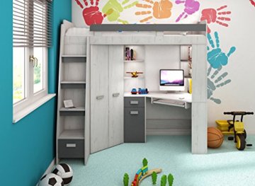 Hochbett/Etagenbett mit Treppe rechts oder links, alles-in-einem-Möbel-Set für Kinder mit Bett, Kleiderschrank, Regal und Schreibtisch Craft-white/Graphite - Left Hand-side Stairs. - 2