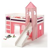 IDIMEX Rutschbett Hochbett Spielbett Bett BENNY Kiefer massiv weiss mit Turm+Vorhang pink 90 x 200 cm (B x L) mit Rutsche - 1